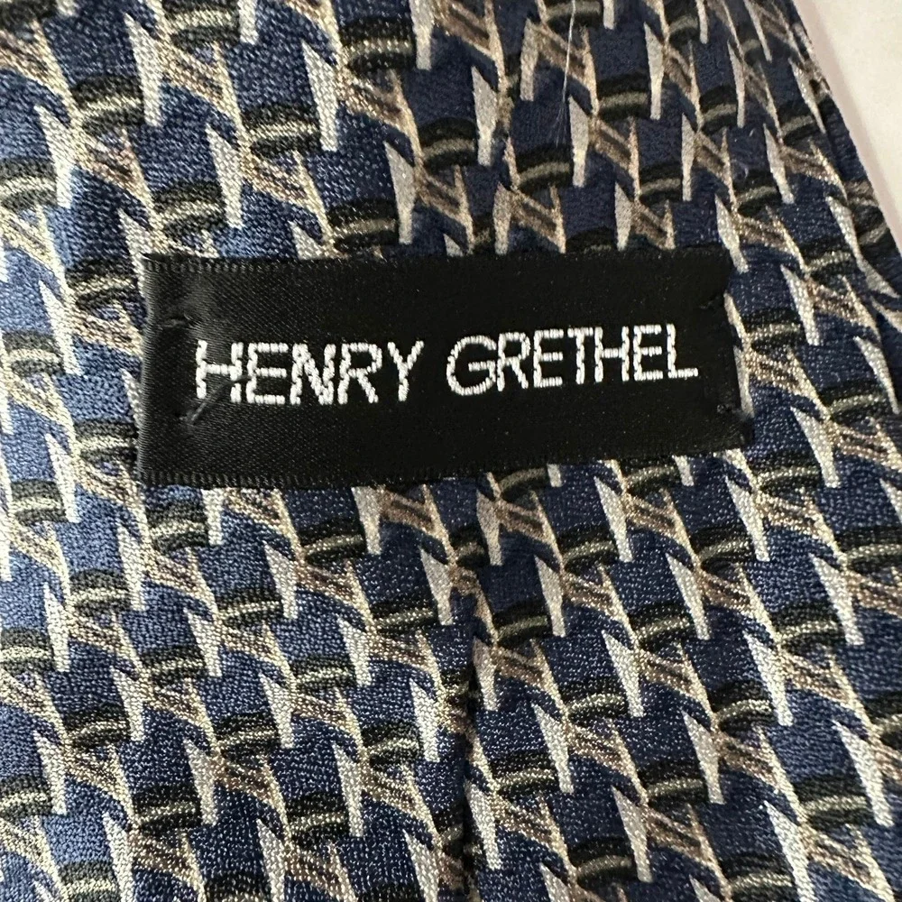 Henry Grethel Mens Navy Blue Silver Geometric Silk Necktie Classic Tie Corporate